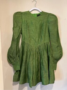 LEO LIN Elena Green Structured Shoulder Mini Dress Silk Linen Puff Sleeve  US 6